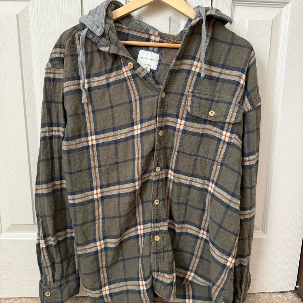 American Eagle Outfitters Olive and Navy Plaid Hooded Button-Down Shirt